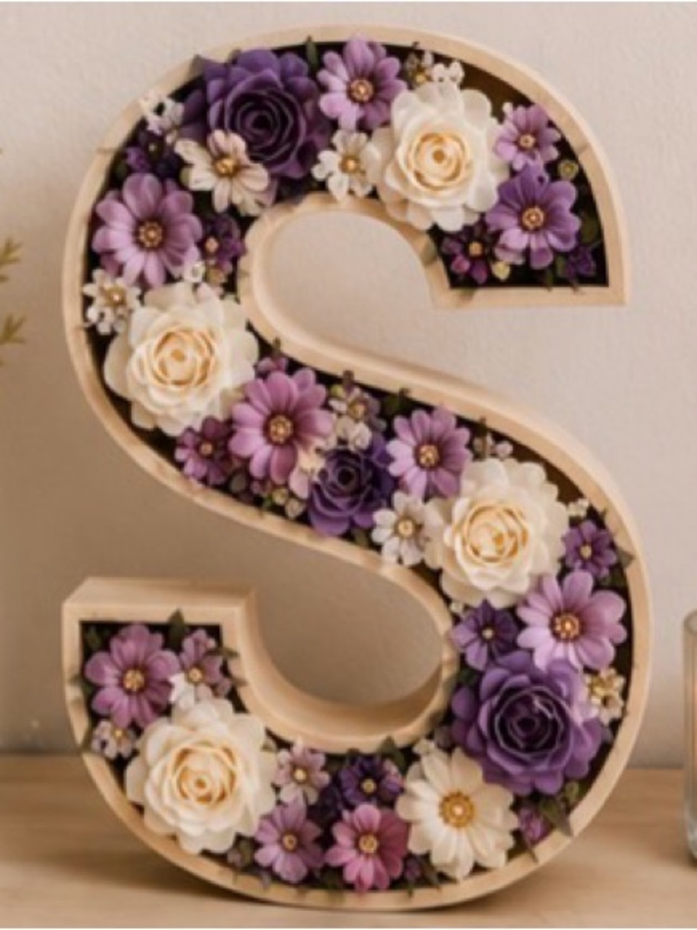 Decorative Letter S Wall Accent with Purple and Cream Floral Design